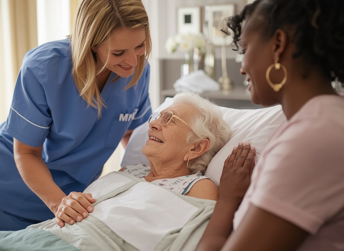 A caregiver holding a resident's hand in a sunlit room at Fairfield County House